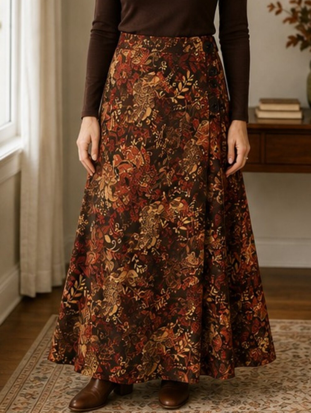 Christopher & Banks Brown Floral Maxi Skirt with Autumn Tones